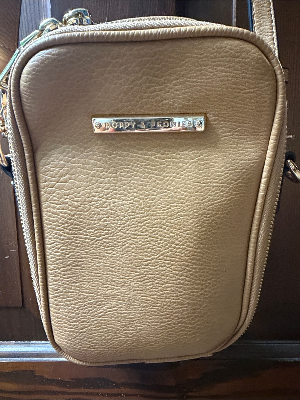 Poppy & Peonies Tan Pebbled Crossbody Phone Pouch